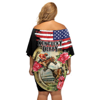 Kentucky Horseshoe Racing Rose Family Matching Off Shoulder Short Dress and Hawaiian Shirt Grunge American Flag Vintage Style - Wonder Print Shop