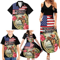 Kentucky Horseshoe Racing Rose Family Matching Summer Maxi Dress and Hawaiian Shirt Grunge American Flag Vintage Style - Wonder Print Shop