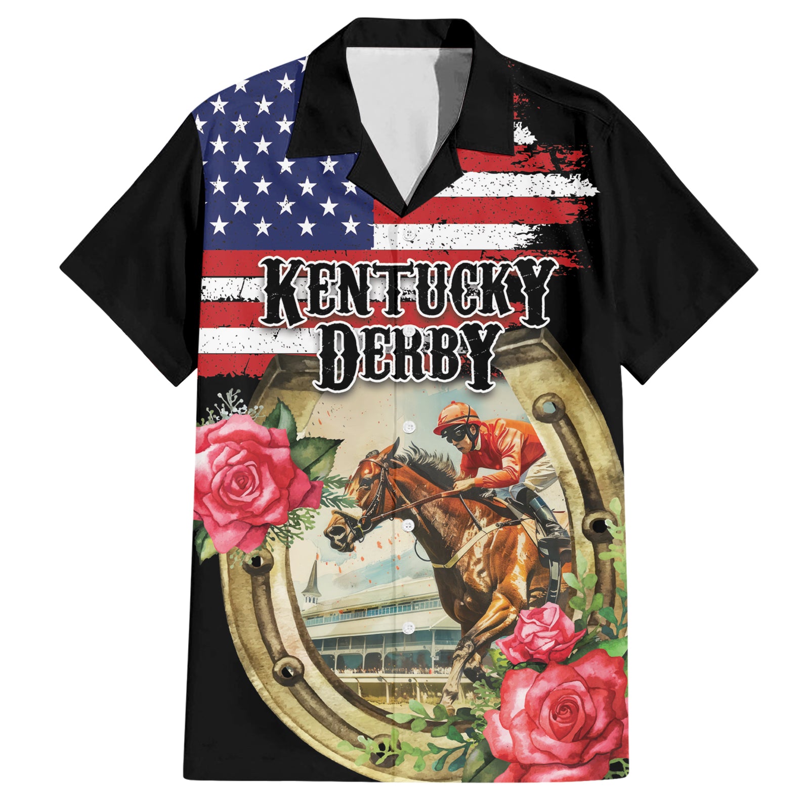 Kentucky Horseshoe Racing Rose Hawaiian Shirt Grunge American Flag Vintage Style
