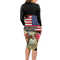 Kentucky Horseshoe Racing Rose Long Sleeve Bodycon Dress Grunge American Flag Vintage Style - Wonder Print Shop