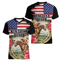 Kentucky Horseshoe Racing Rose Women V-Neck T-Shirt Grunge American Flag Vintage Style - Wonder Print Shop