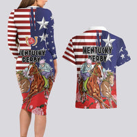 Kentucky Horses Racing Couples Matching Long Sleeve Bodycon Dress and Hawaiian Shirt Roses Road with US Flag Style