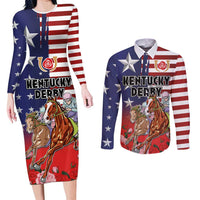 Kentucky Horses Racing Couples Matching Long Sleeve Bodycon Dress and Long Sleeve Button Shirt Roses Road with US Flag Style