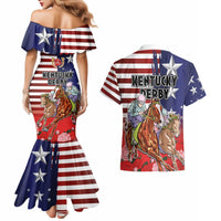 Kentucky Horses Racing Couples Matching Mermaid Dress and Hawaiian Shirt Roses Road with US Flag Style