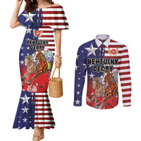 Kentucky Horses Racing Couples Matching Mermaid Dress and Long Sleeve Button Shirt Roses Road with US Flag Style