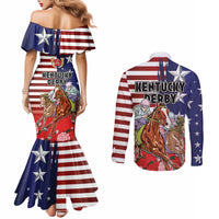 Kentucky Horses Racing Couples Matching Mermaid Dress and Long Sleeve Button Shirt Roses Road with US Flag Style