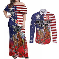 Kentucky Horses Racing Couples Matching Off Shoulder Maxi Dress and Long Sleeve Button Shirt Roses Road with US Flag Style