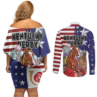 Kentucky Horses Racing Couples Matching Off Shoulder Short Dress and Long Sleeve Button Shirt Roses Road with US Flag Style