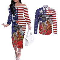 Kentucky Horses Racing Couples Matching Off The Shoulder Long Sleeve Dress and Long Sleeve Button Shirt Roses Road with US Flag Style