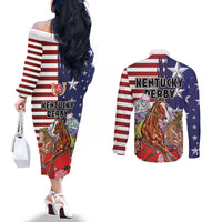 Kentucky Horses Racing Couples Matching Off The Shoulder Long Sleeve Dress and Long Sleeve Button Shirt Roses Road with US Flag Style