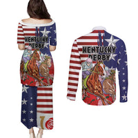 Kentucky Horses Racing Couples Matching Puletasi and Long Sleeve Button Shirt Roses Road with US Flag Style
