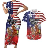 Kentucky Horses Racing Couples Matching Short Sleeve Bodycon Dress and Hawaiian Shirt Roses Road with US Flag Style