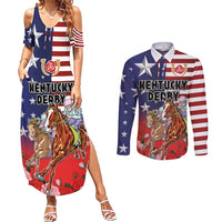 Kentucky Horses Racing Couples Matching Summer Maxi Dress and Long Sleeve Button Shirt Roses Road with US Flag Style