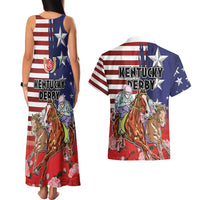 Kentucky Horses Racing Couples Matching Tank Maxi Dress and Hawaiian Shirt Roses Road with US Flag Style