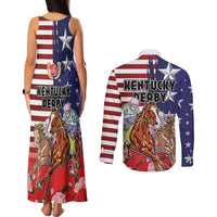 Kentucky Horses Racing Couples Matching Tank Maxi Dress and Long Sleeve Button Shirt Roses Road with US Flag Style
