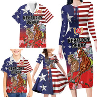 Kentucky Horses Racing Family Matching Long Sleeve Bodycon Dress and Hawaiian Shirt Roses Road with US Flag Style