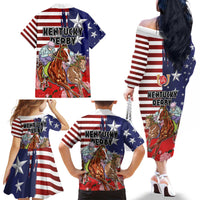 Kentucky Horses Racing Family Matching Off The Shoulder Long Sleeve Dress and Hawaiian Shirt Roses Road with US Flag Style