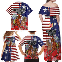 Kentucky Horses Racing Family Matching Off Shoulder Maxi Dress and Hawaiian Shirt Roses Road with US Flag Style