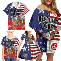 Kentucky Horses Racing Family Matching Off Shoulder Short Dress and Hawaiian Shirt Roses Road with US Flag Style