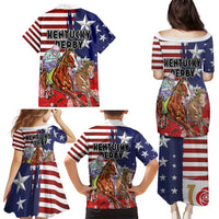 Kentucky Horses Racing Family Matching Puletasi and Hawaiian Shirt Roses Road with US Flag Style