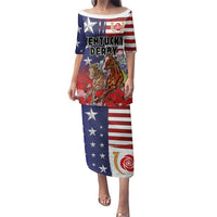 Kentucky Horses Racing Family Matching Puletasi and Hawaiian Shirt Roses Road with US Flag Style