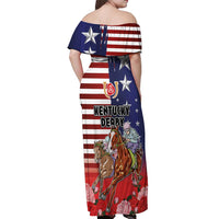 Kentucky Horses Racing Off Shoulder Maxi Dress Roses Road with US Flag Style