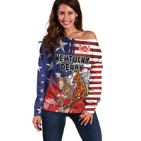 Kentucky Horses Racing Off Shoulder Sweater Roses Road with US Flag Style