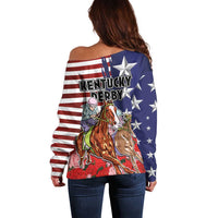 Kentucky Horses Racing Off Shoulder Sweater Roses Road with US Flag Style