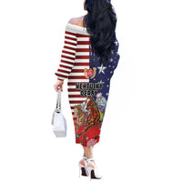 Kentucky Horses Racing Off The Shoulder Long Sleeve Dress Roses Road with US Flag Style