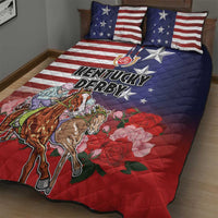 Kentucky Horses Racing Quilt Bed Set Roses Road with US Flag Style