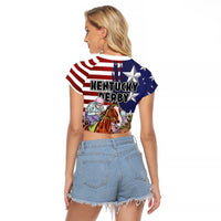 Kentucky Horses Racing Raglan Cropped T Shirt Roses Road with US Flag Style