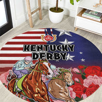 Kentucky Horses Racing Round Carpet Roses Road with US Flag Style