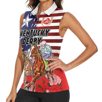 Kentucky Horses Racing Women Sleeveless Polo Shirt Roses Road with US Flag Style