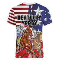 Kentucky Horses Racing Women V-Neck T-Shirt Roses Road with US Flag Style