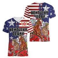 Kentucky Horses Racing Women V-Neck T-Shirt Roses Road with US Flag Style