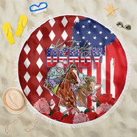Kentucky Horses Racing Beach Blanket US Flag Grunge and Diamond Pattern Red Color