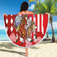 Kentucky Horses Racing Beach Blanket US Flag Grunge and Diamond Pattern Red Color
