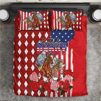Kentucky Horses Racing Bedding Set US Flag Grunge and Diamond Pattern Red Color