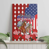 Kentucky Horses Racing Canvas Wall Art US Flag Grunge and Diamond Pattern Red Color