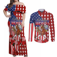 Kentucky Horses Racing Couples Matching Off Shoulder Maxi Dress and Long Sleeve Button Shirt US Flag Grunge and Diamond Pattern Red Color