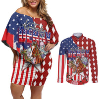 Kentucky Horses Racing Couples Matching Off Shoulder Short Dress and Long Sleeve Button Shirt US Flag Grunge and Diamond Pattern Red Color