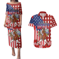 Kentucky Horses Racing Couples Matching Puletasi and Hawaiian Shirt US Flag Grunge and Diamond Pattern Red Color
