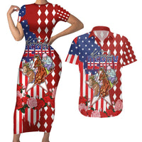 Kentucky Horses Racing Couples Matching Short Sleeve Bodycon Dress and Hawaiian Shirt US Flag Grunge and Diamond Pattern Red Color