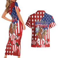 Kentucky Horses Racing Couples Matching Short Sleeve Bodycon Dress and Hawaiian Shirt US Flag Grunge and Diamond Pattern Red Color