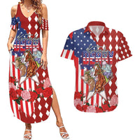 Kentucky Horses Racing Couples Matching Summer Maxi Dress and Hawaiian Shirt US Flag Grunge and Diamond Pattern Red Color