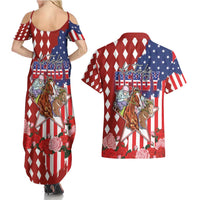 Kentucky Horses Racing Couples Matching Summer Maxi Dress and Hawaiian Shirt US Flag Grunge and Diamond Pattern Red Color