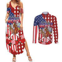 Kentucky Horses Racing Couples Matching Summer Maxi Dress and Long Sleeve Button Shirt US Flag Grunge and Diamond Pattern Red Color