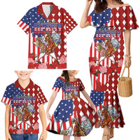 Kentucky Horses Racing Family Matching Mermaid Dress and Hawaiian Shirt US Flag Grunge and Diamond Pattern Red Color