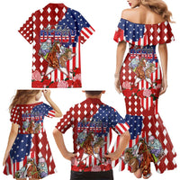 Kentucky Horses Racing Family Matching Mermaid Dress and Hawaiian Shirt US Flag Grunge and Diamond Pattern Red Color