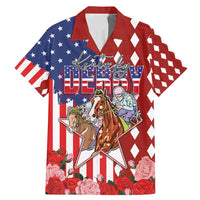 Kentucky Horses Racing Family Matching Mermaid Dress and Hawaiian Shirt US Flag Grunge and Diamond Pattern Red Color